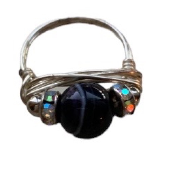 Silver Wire Wrapped Deep Purple White Swirl Rhinestone Fidget Ring jewelry - Picture 3 of 11